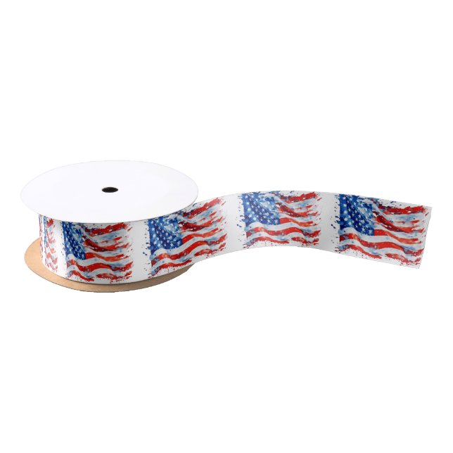 American Flag USA Watercolor 4th of July Satin Ribbon (Spool)