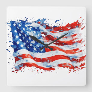 American Flag USA Watercolor 4th of July Square Wall Clock