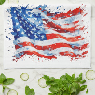 American Flag USA Watercolor 4th of July Tea Towel