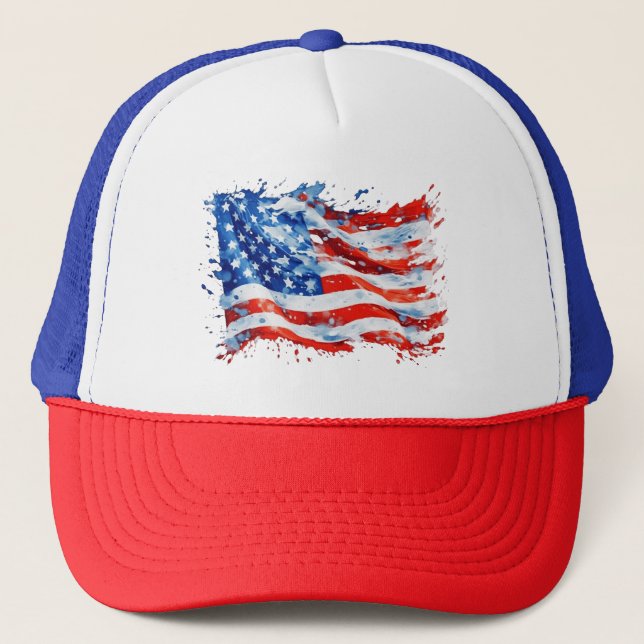 American Flag USA Watercolor 4th of July Trucker Hat (Front)