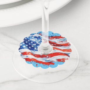 American Flag USA Watercolor 4th of July Wine Glass Tag