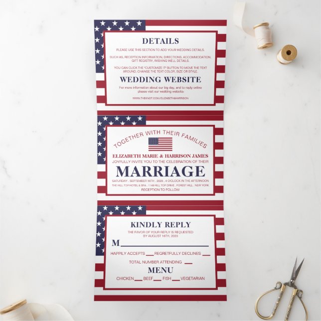 American Flag, USA Wedding Suite Tri-Fold Invitation (Inside)
