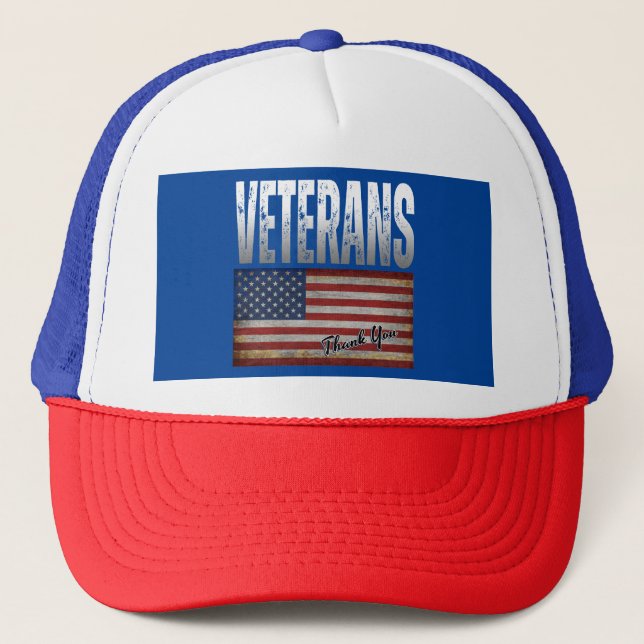 AMERICAN FLAG VETERANS THANK YOU 4TH OF JULY  TRUCKER HAT (Front)