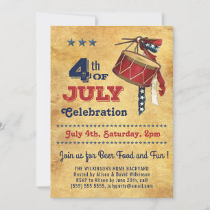 American Flag Vintage Drum 4th of JULY Celebration Invitation