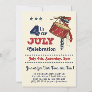 American Flag Vintage Drum 4th of JULY Celebration Invitation