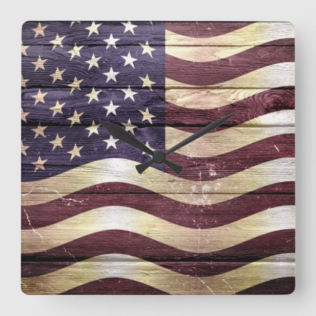 American Flag Vintage Wood Square Wall Clock (Front)
