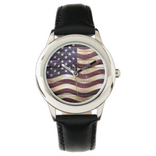 American Flag Vintage Wood Watch