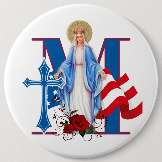 AMERICAN FLAG VIRGIN MARY RELIGIOUS ROSES 6 CM ROUND BADGE (Front)