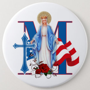 AMERICAN FLAG VIRGIN MARY RELIGIOUS ROSES 6 CM ROUND BADGE