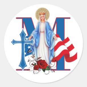AMERICAN FLAG VIRGIN MARY RELIGIOUS ROSES CLASSIC ROUND STICKER
