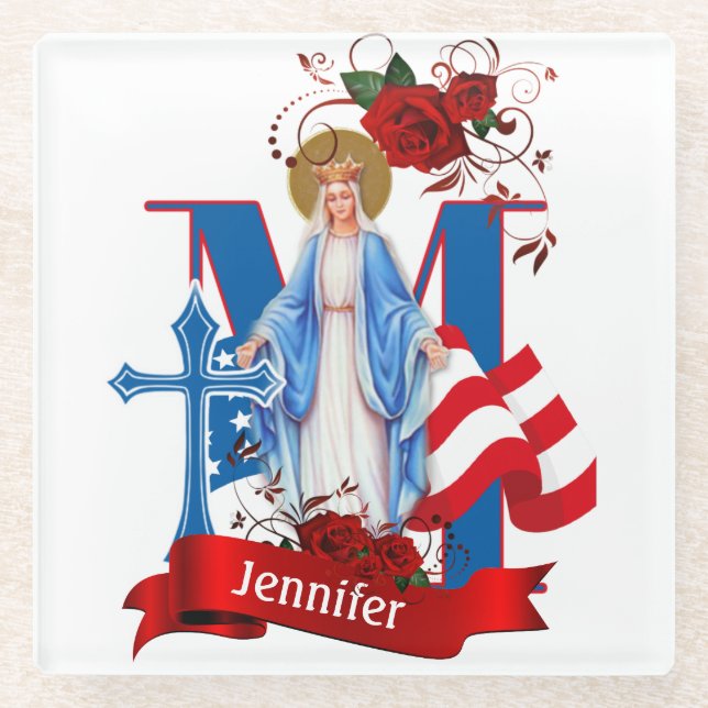 AMERICAN FLAG VIRGIN MARY RELIGIOUS ROSES GLASS COASTER (Front)