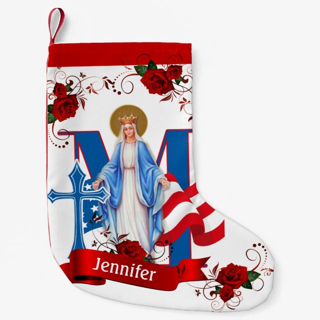 AMERICAN FLAG VIRGIN MARY RELIGIOUS ROSES SMALL CHRISTMAS STOCKING (Front)