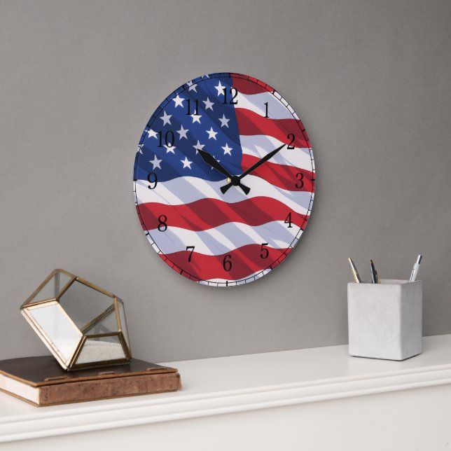 American Flag Wall Clock — Waving Flag Design (Office)