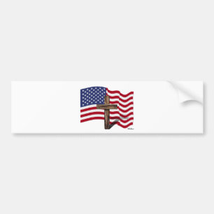 American Flag Waving and Rugged Cross Bumper Sticker