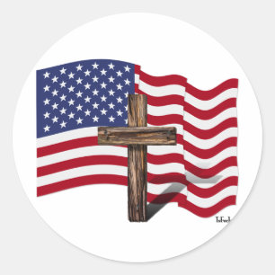 American Flag Waving and Rugged Cross Classic Round Sticker