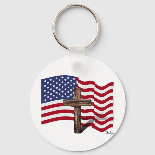 American Flag Waving and Rugged Cross Key Ring (Front)