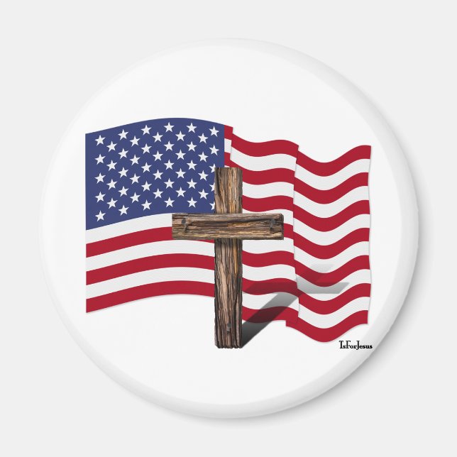American Flag Waving and Rugged Cross Magnet (Front)