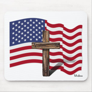 American Flag Waving and Rugged Cross Mouse Mat
