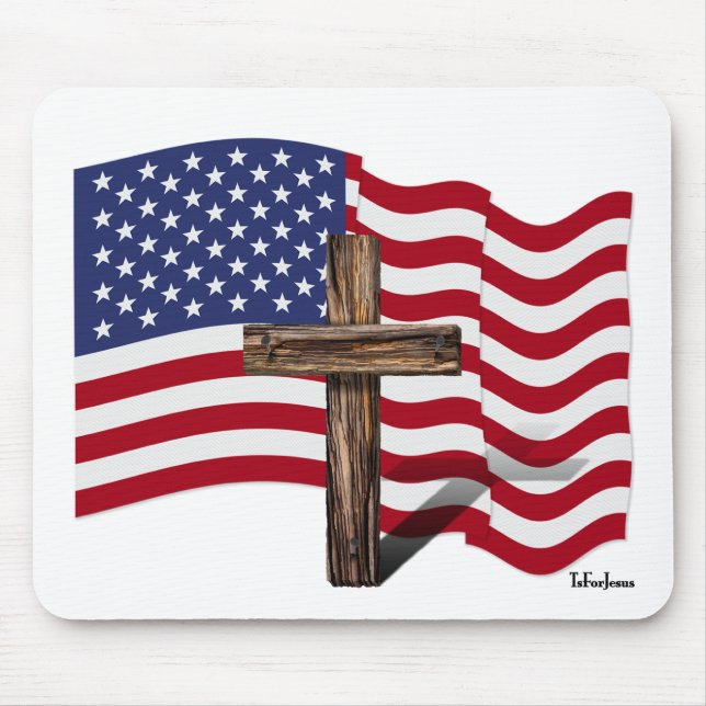 American Flag Waving and Rugged Cross Mouse Mat (Front)