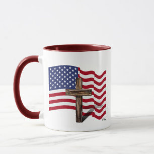 American Flag Waving and Rugged Cross Mug