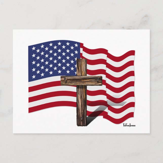 American Flag Waving and Rugged Cross Postcard (Front)