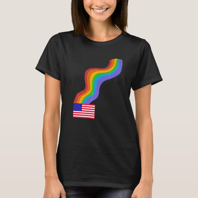 American Flag Wavy Rainbow ROYGBIV Pride in USA Ra T-Shirt (Front)