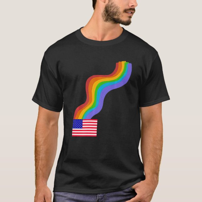 American Flag Wavy Rainbow ROYGBIV Pride in USA Ra T-Shirt (Front)