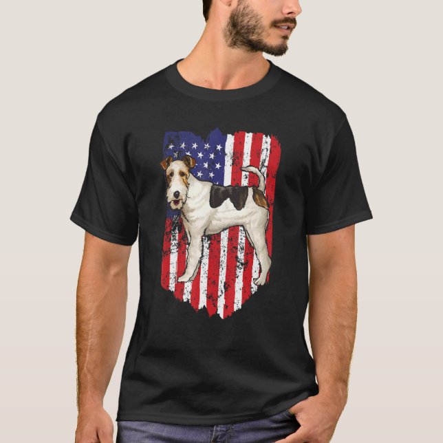 American Flag Wire Fox Terrier 4th Of July Usa T-Shirt (Front)
