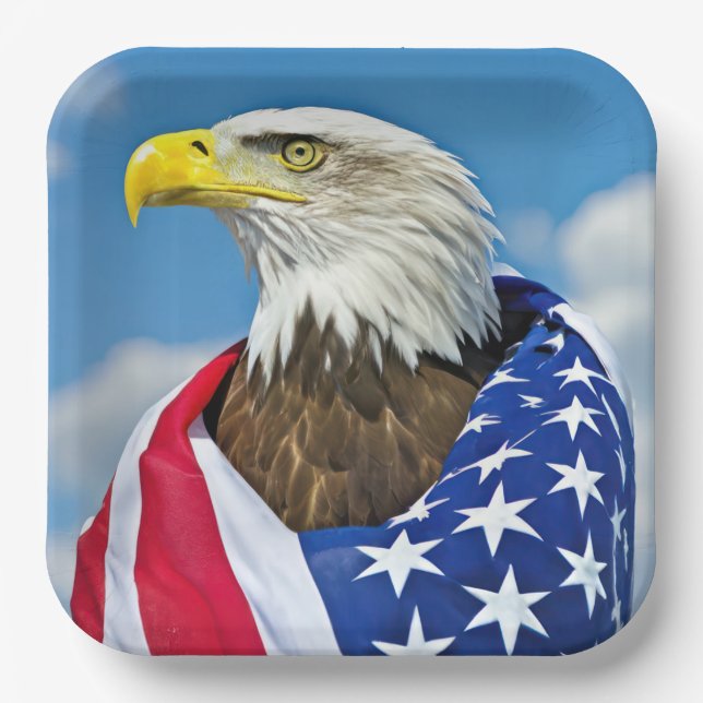 American Flag With Bald Eagle Paper Plate (Front)