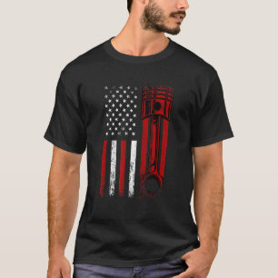 American Flag With Car Engine Piston Graphic Desi T-Shirt