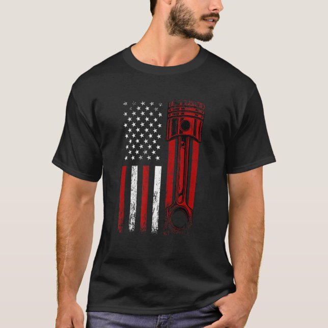 American Flag With Car Engine Piston  Graphic Desi T-Shirt (Front)