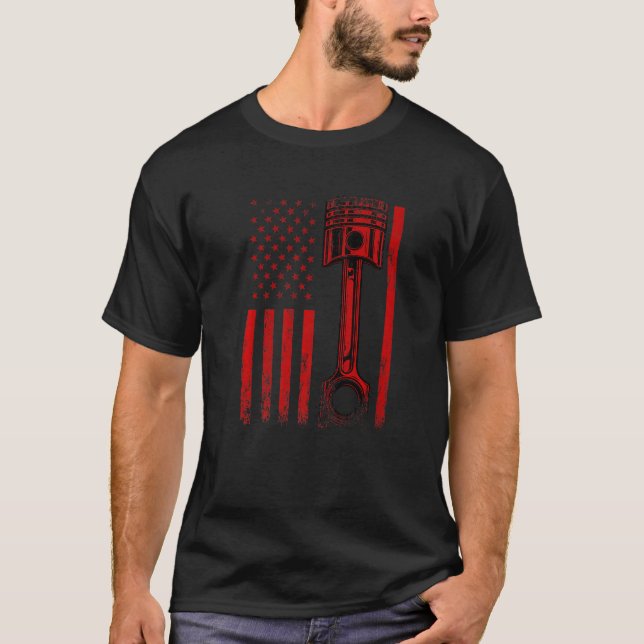 American Flag With Car Engine Piston  Graphic Desi T-Shirt (Front)