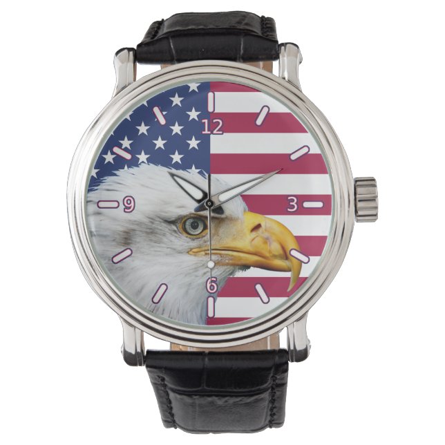 American Flag With Eagle Leather Strap Watch (Front)