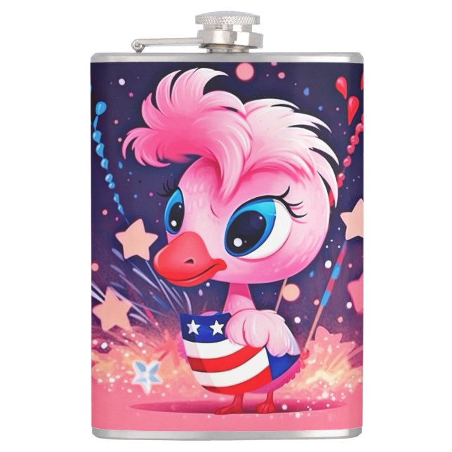 American Flag with Flamingo Cartoon-69216 Hip Flask (Front)
