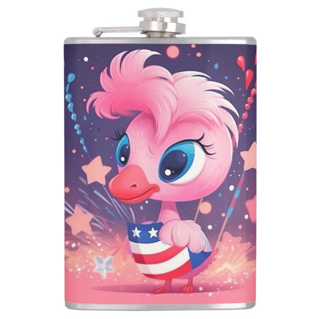 American Flag with Flamingo Cartoon-69216 Hip Flask (Front)