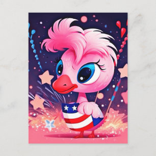 American Flag with Flamingo Cartoon-69216 Holiday Postcard
