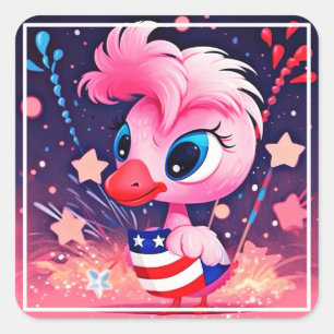 American Flag with Flamingo Cartoon-69216 Square Sticker