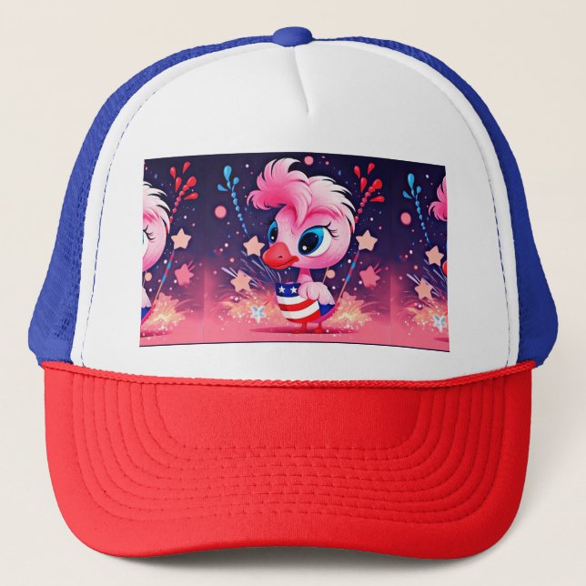 American Flag with Flamingo Cartoon-69216 Trucker Hat (Front)