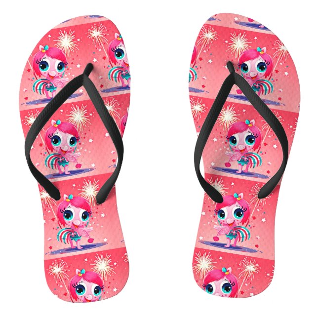 American Flag with Flamingo Cartoon-69217 Flip Flops (Footbed)