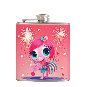 American Flag with Flamingo Cartoon-69217 Hip Flask