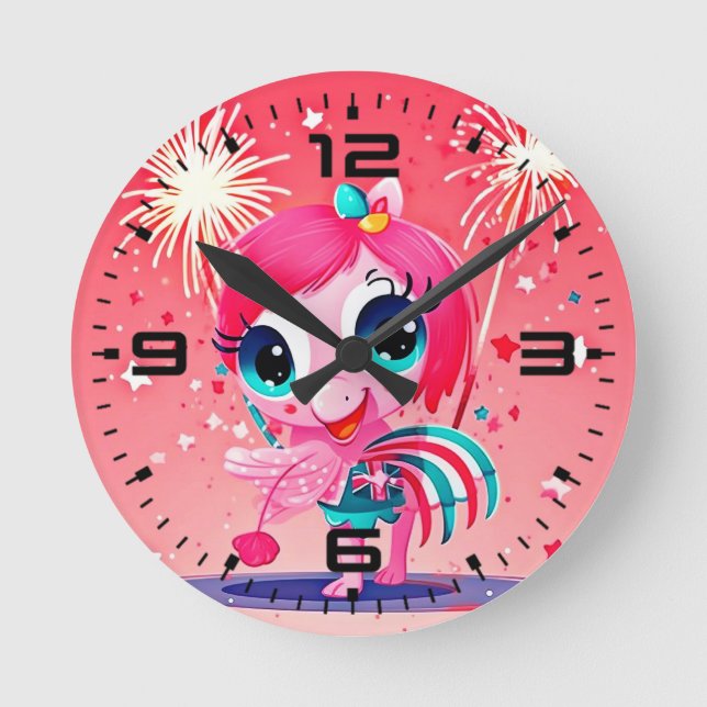 American Flag with Flamingo Cartoon-69217 Round Clock (Front)