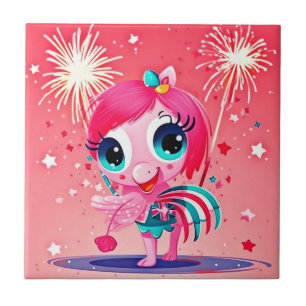 American Flag with Flamingo Cartoon-69217 Tile