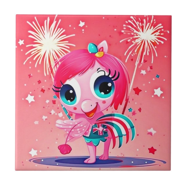 American Flag with Flamingo Cartoon-69217 Tile (Front)