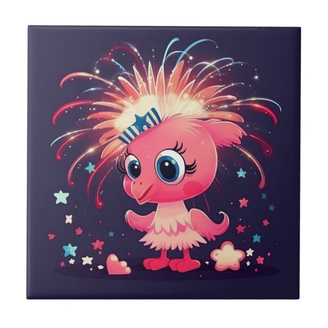 American Flag with Flamingo Cartoon-69218 Tile (Front)