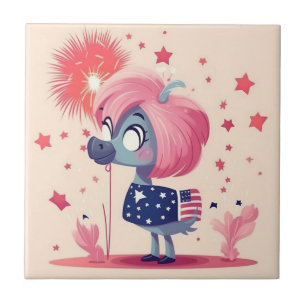 American Flag with Flamingo Cartoon-69219 Tile