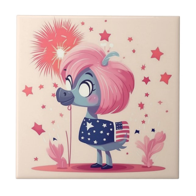 American Flag with Flamingo Cartoon-69219 Tile (Front)