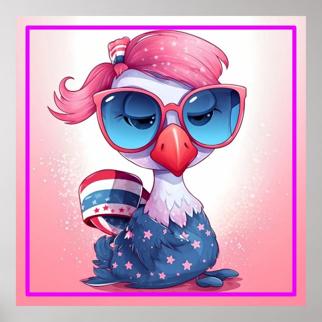 American Flag with Flamingo Cartoon-69679 Poster (Front)