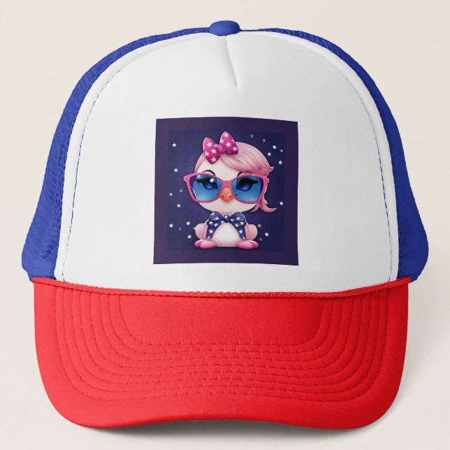 American Flag with Flamingo Cartoon-69680 Trucker Hat (Front)