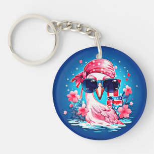 American Flag with Flamingo Cartoon-69681 Key Ring