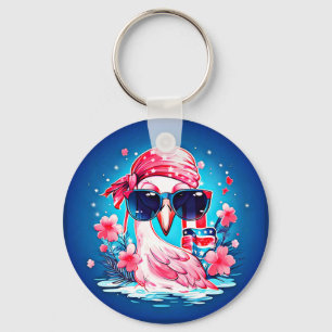 American Flag with Flamingo Cartoon-69681 Key Ring
